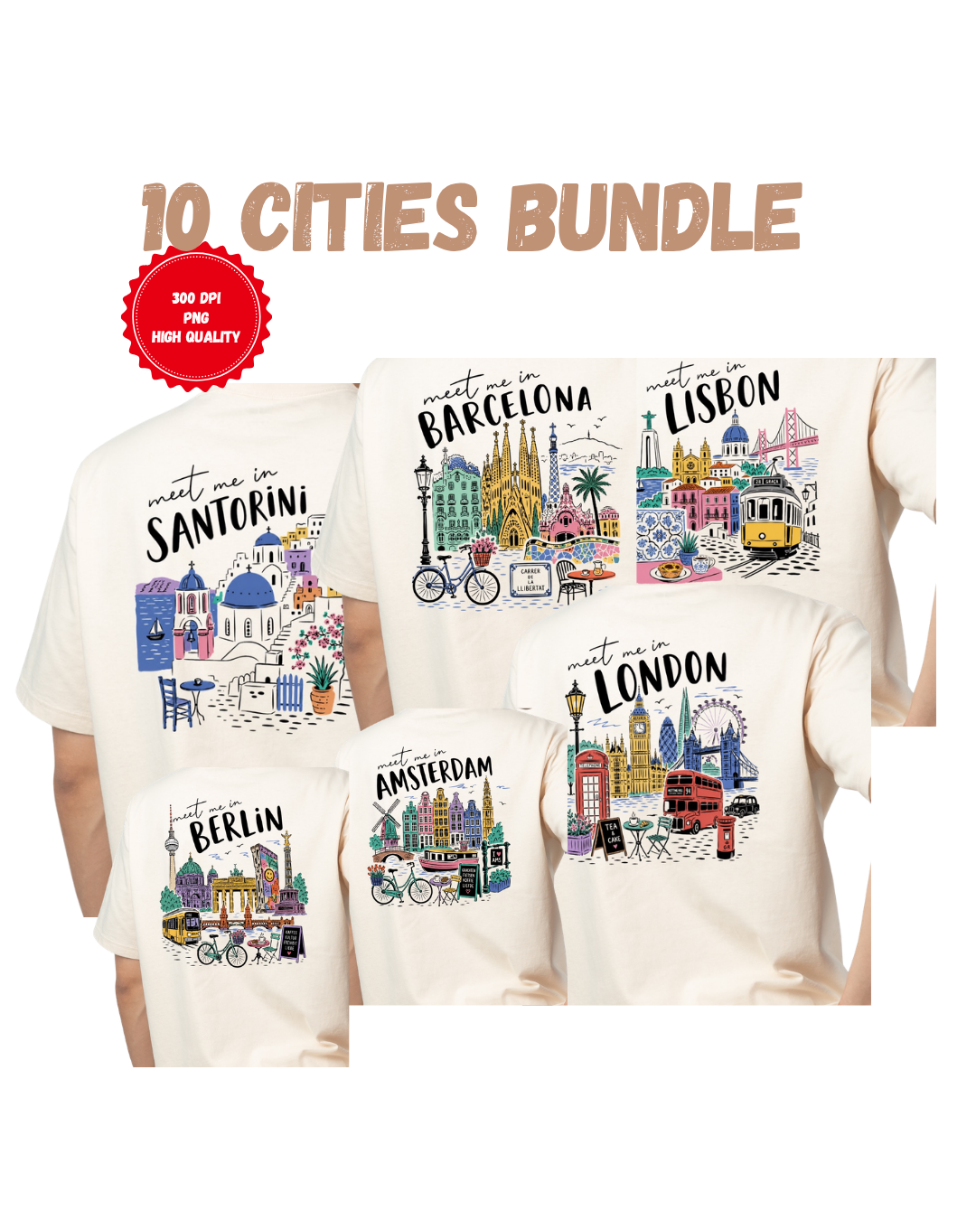 Conjunto PNG de Cidades Europeias Design Vintage para T Shirt 300 DPI Fundo Transparente Download Digital DTF DTG Sublimação Conjunto com 10 PNG de Cidades