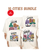 Conjunto PNG de Cidades Europeias Design Vintage para T Shirt 300 DPI Fundo Transparente Download Digital DTF DTG Sublimação Conjunto com 10 PNG de Cidades