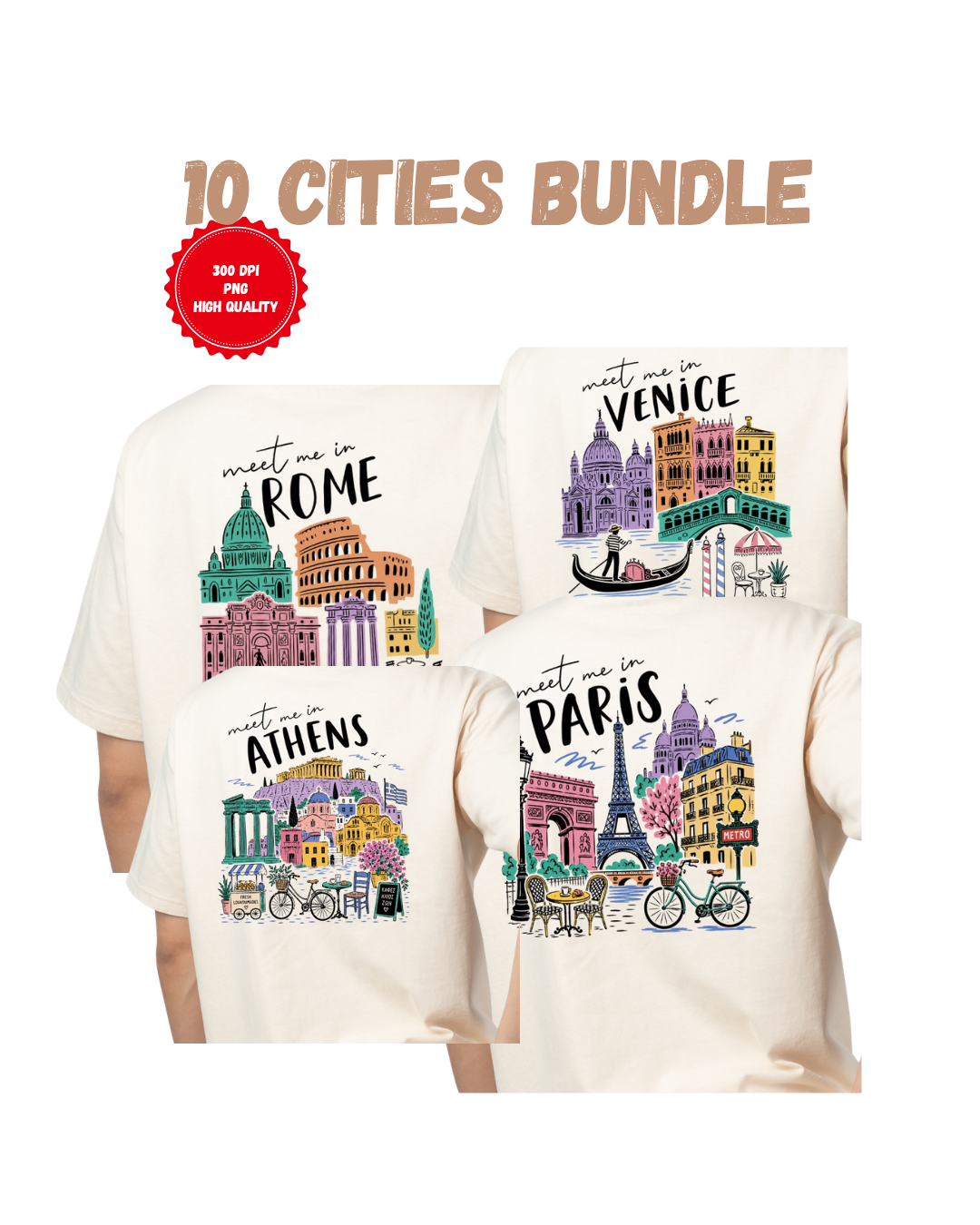 Conjunto PNG de Cidades Europeias Design Vintage para T Shirt 300 DPI Fundo Transparente Download Digital DTF DTG Sublimação Conjunto com 10 PNG de Cidades