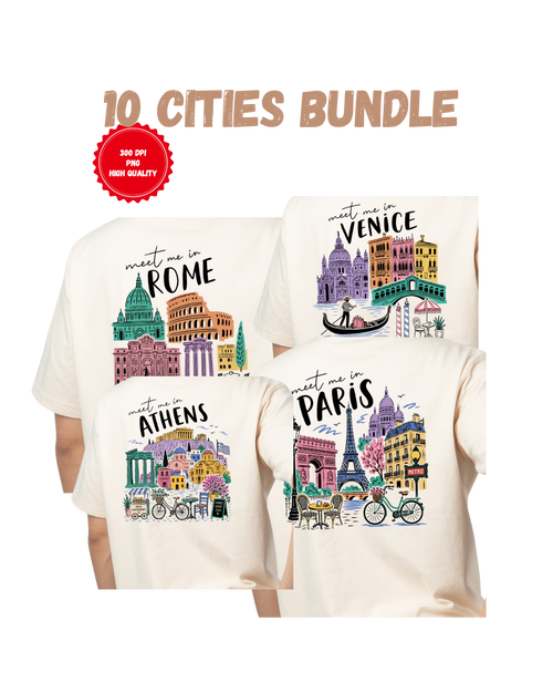 Conjunto PNG de Cidades Europeias Design Vintage para T Shirt 300 DPI Fundo Transparente Download Digital DTF DTG Sublimação Conjunto com 10 PNG de Cidades