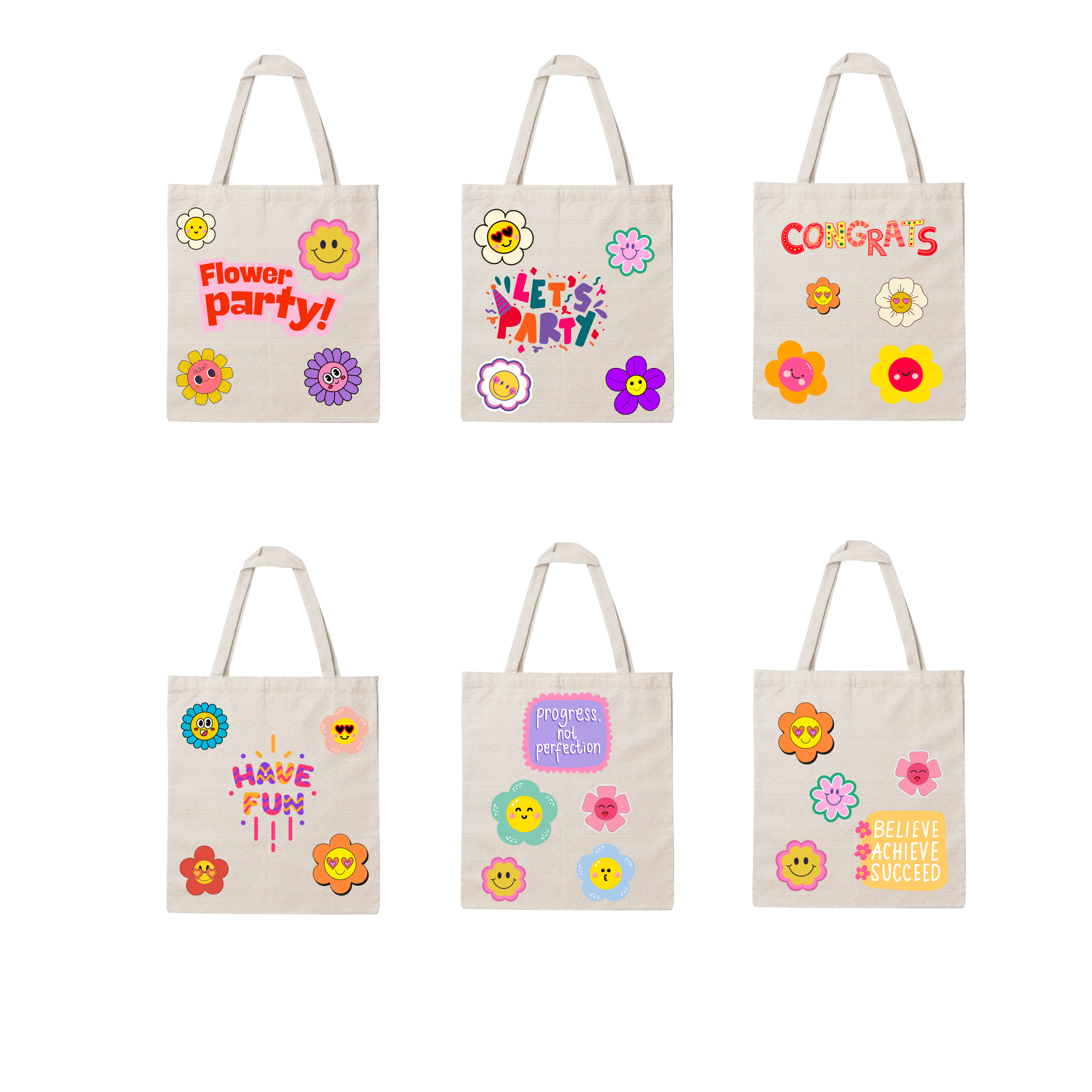 Tote Bag Personalizada com Stickers de Flores e Frase em Algodão Natural com Impressão DTF