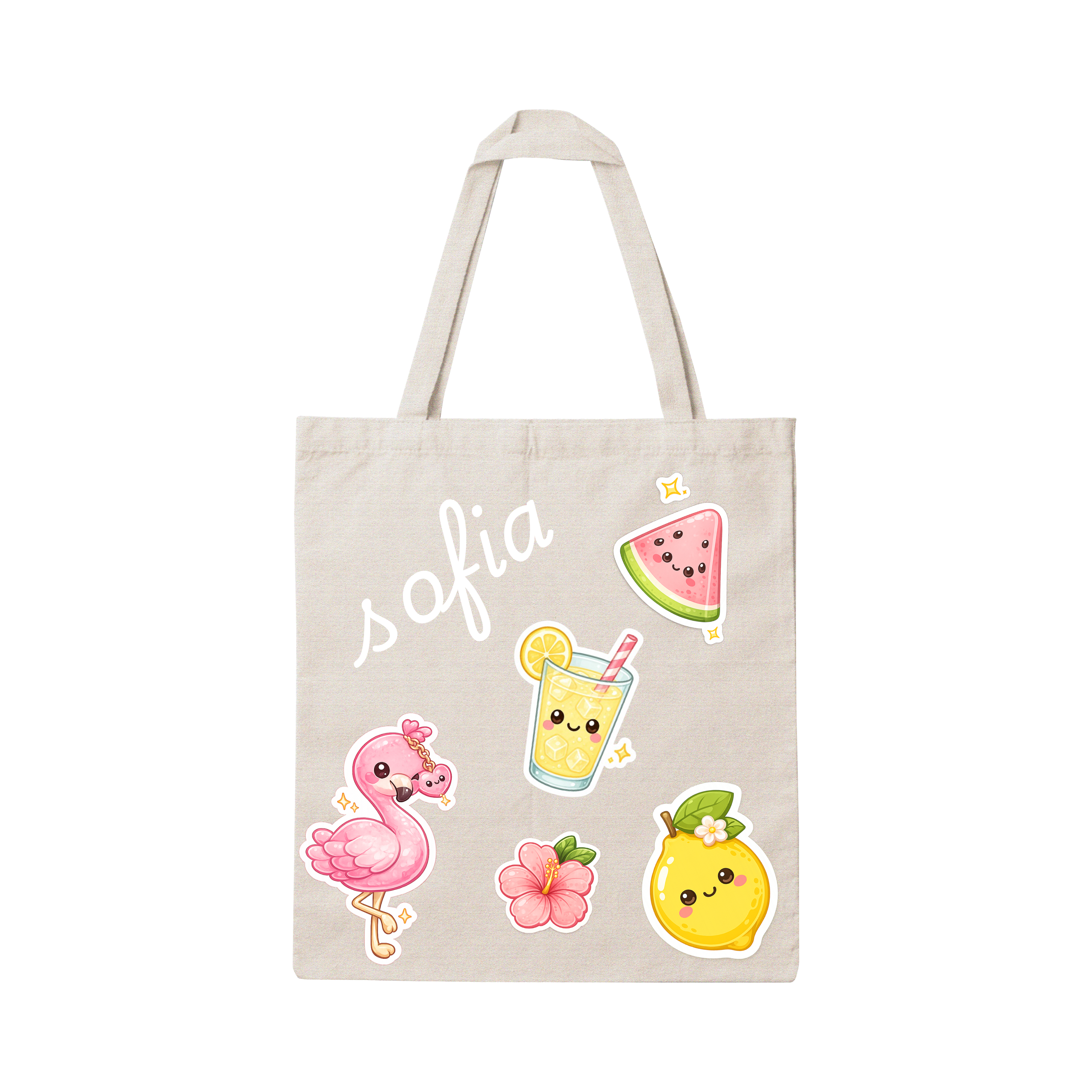 Tote Bag Personalizada com Nome e Stickers Verão em Algodão Natural com Impressão DTF
