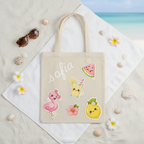 Flat lay tote bag personalizada com stickers de verão