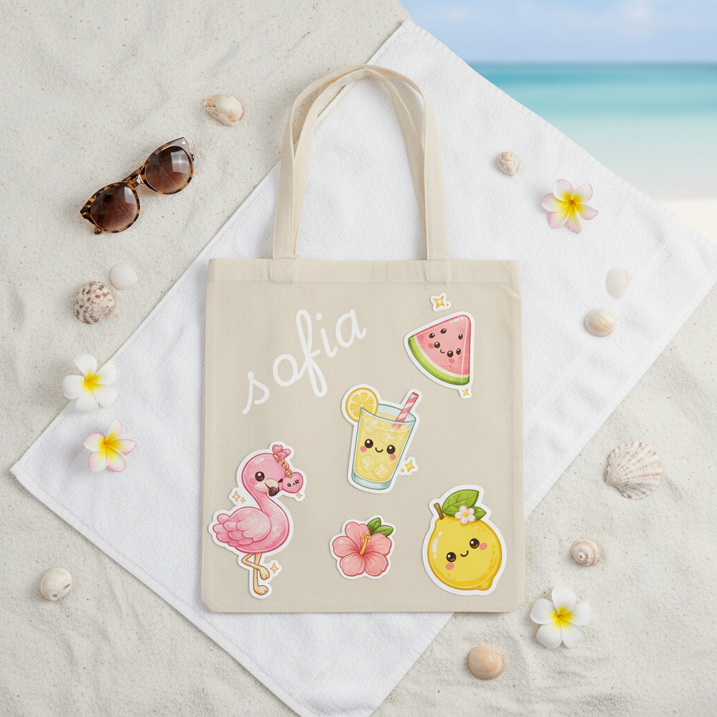 Flat lay tote bag personalizada com stickers de verão